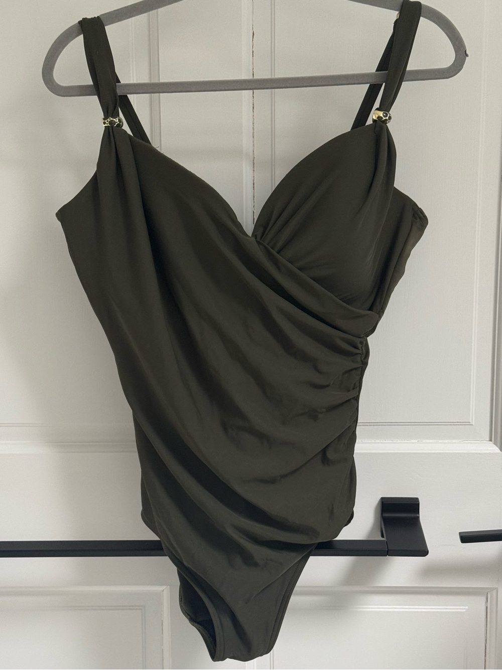 Sculpting Olive Green One-Piece Swimsuit with Ring-Detail Straps - Picture 2 of 2